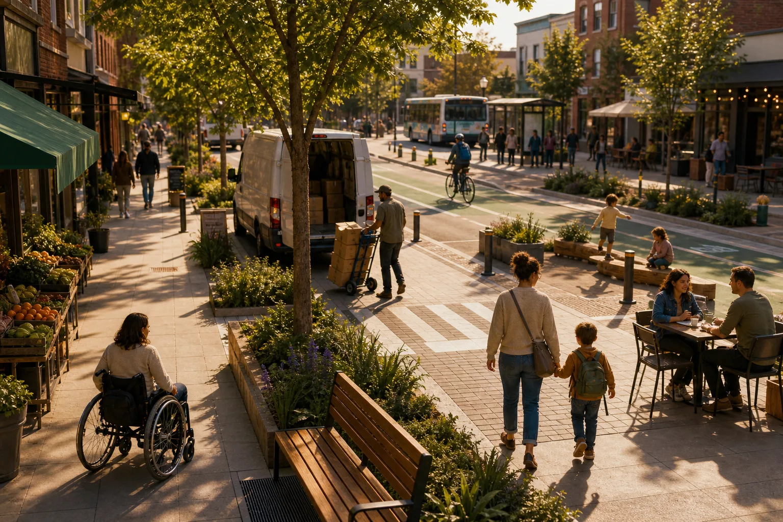 Busy urban street with pedestrians, children playing, outdoor dining, cyclist, and a delivery van