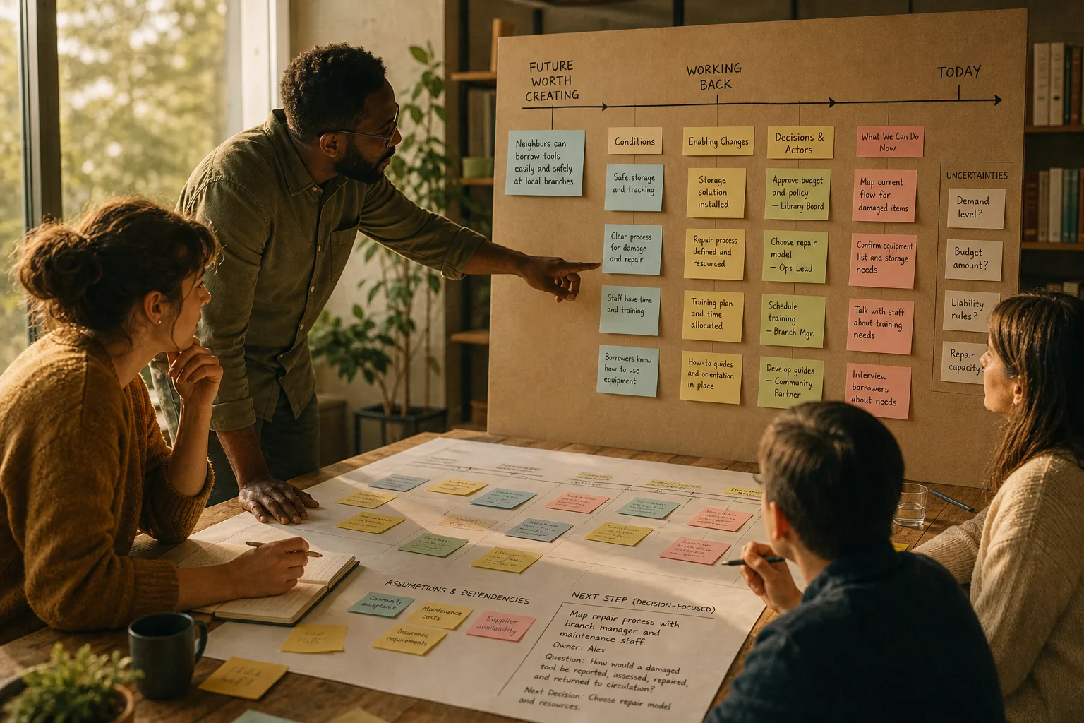 Four people collaborating around a table with sticky notes and a large board outlining tasks and plans