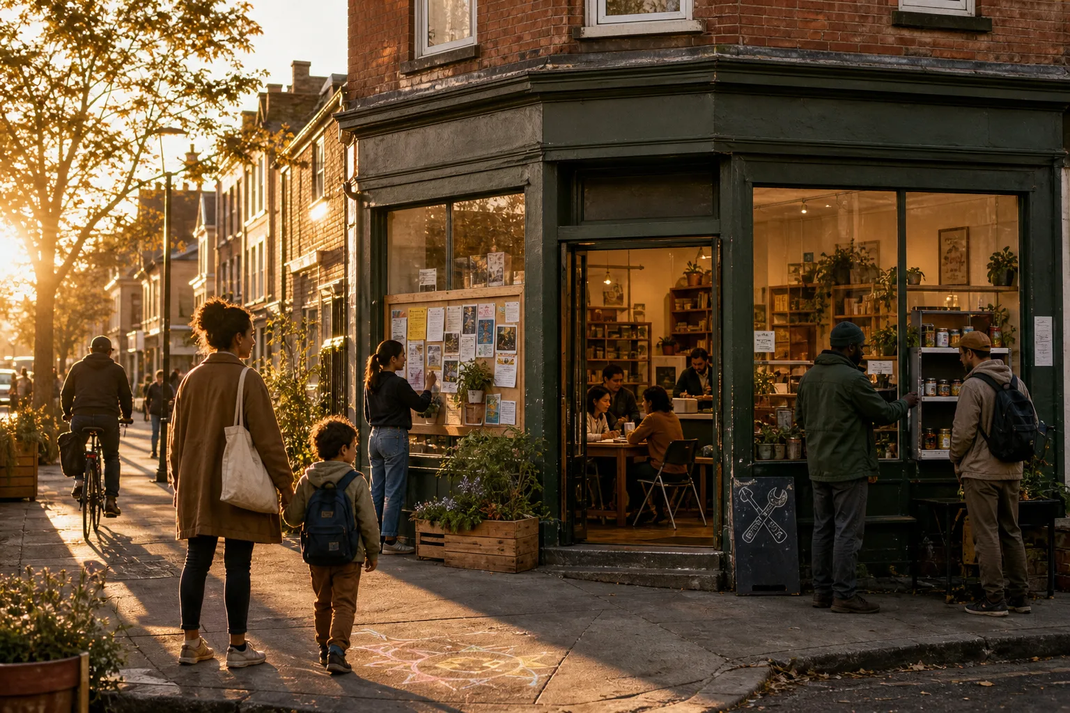 People walking and interacting outside a green corner shop during golden hour with warm interior lighting