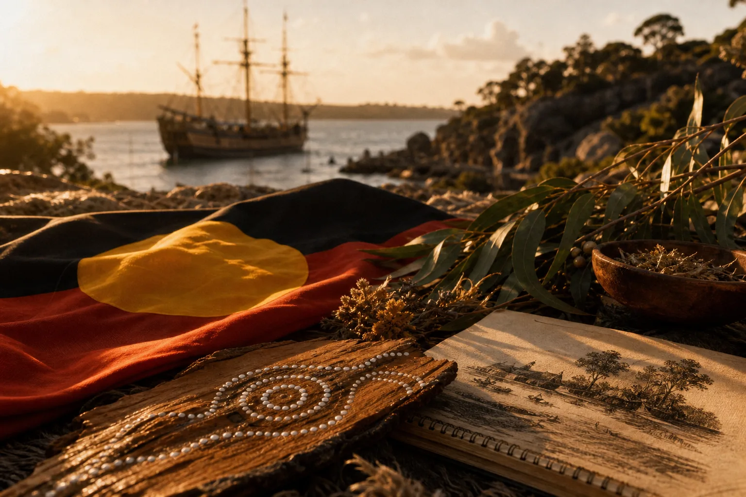 Aboriginal flag, wooden art piece, eucalyptus leaves, and sketchbook on a rock near water with old sailing ship at sunset