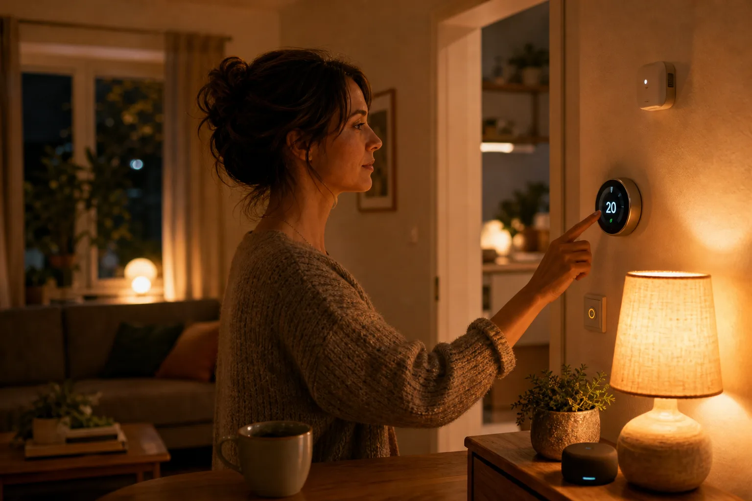 Woman adjusting a smart thermostat on a warmly lit wall in a cozy living room at night